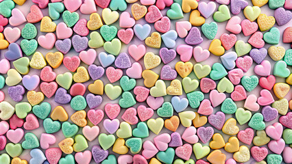 An image of a close-up view of numerous heart-shaped candies in various colors, arranged on a white background