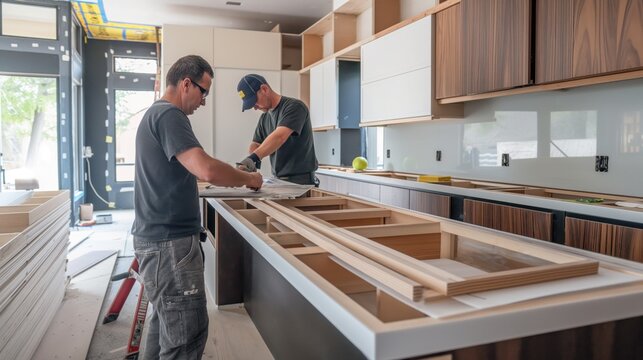 Two workers are assembling and installing cabinetry in a modern kitchen under renovation, focusing on detailed carpentry work.