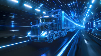 Blue wireframe Trailer Truck rides through Blue tunnel 3d rendering