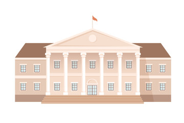 Building of government, court house, university, museum vector illustration. Front view of entrance in public building with high columns, staircase and flag. Urban infrastructure infographics