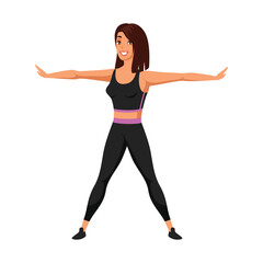 Woman doing fitness exercises. Young girl standing in yoga pose. Happy smiling sportive female in black sport form doing workout. Flat cartoon vector illustration