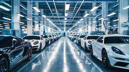 Obraz premium Modern Automotive Factory with Rows of Luxury Cars. Manufacturing, Technology, and Innovation Concept.