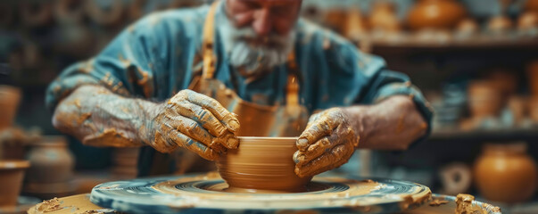 Pottery. A talented potter shapes clay on a potter's wheel, creating a unique vessel. The earthy tones and texture of wet clay highlight the artisanal process.
