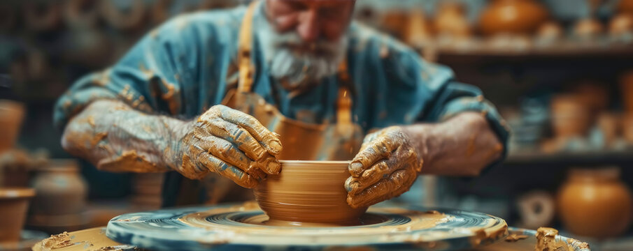 Pottery. A talented potter shapes clay on a potter's wheel, creating a unique vessel. The earthy tones and texture of wet clay highlight the artisanal process.