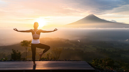 Silhouetted woman practicing yoga at sunrise with a scenic mountain backdrop