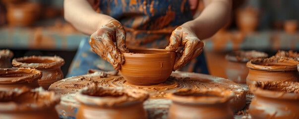 pottery A skilled potter at a potter's wheel, using his hands to form a beautiful vessel from clay. The earthy colors and texture of wet clay highlight the craftsmanship.