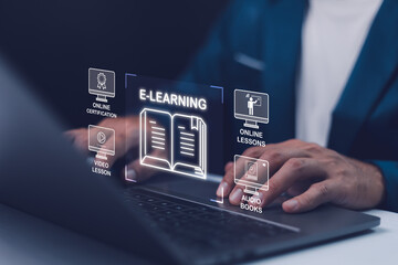 Education Distance E-learning Online Learning Personal development concept. Internet lessons and online webinar. Education internet Technology. Person who attends online lessons on a digital screen.