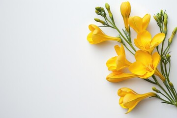 A white background with a bright yellow freesia flower perfectly framed and ready for use as a copy space image