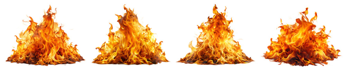 A set of orange flame tongues isolated on a transparent background. The concept of a brightly colored bonfire.