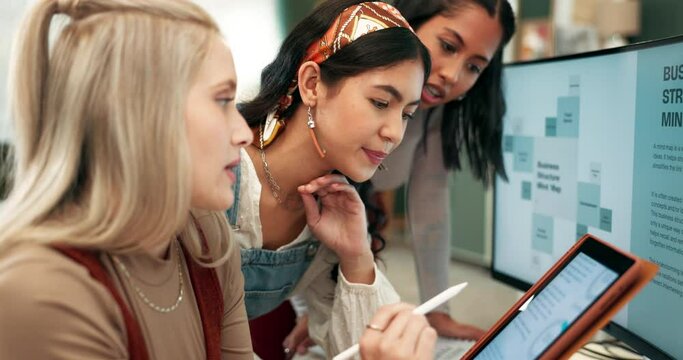 Women, team and discussion with computer for planning or brainstorming ideas for business mind map and development. Female people, technology and online for growth strategy and resource management.