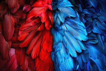 Obraz premium red and blue feathers, arranged in an artistic pattern. The colors contrast with each other, creating a visually striking composition