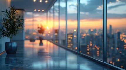 The open space office is empty and dim. Abstract light effect on office interior background for design