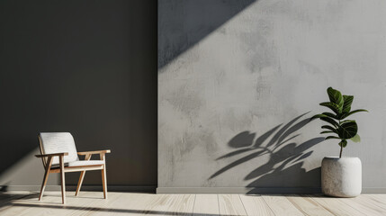 Minimalist living room apartment interiors with minimal furniture in light grey color with shadow interplay. Residential Real Estate interior composition.