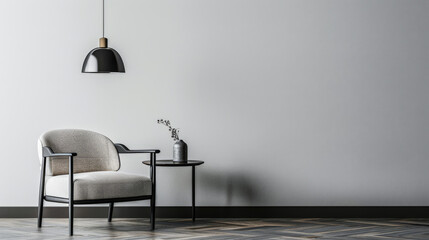 Obraz premium Minimalist living room apartment interiors with minimal furniture in light grey color with shadow interplay. Residential Real Estate interior composition.