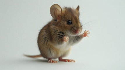 A cute little mouse, sitting on its hind legs with one paw in the air as if it were holding something or playing with someone. The background is white and the mouse has brown fur.