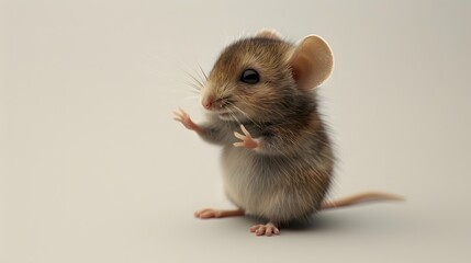 A cute little mouse, sitting on its hind legs with one paw in the air as if it were holding something or playing with someone. The background is white and the mouse has brown fur.