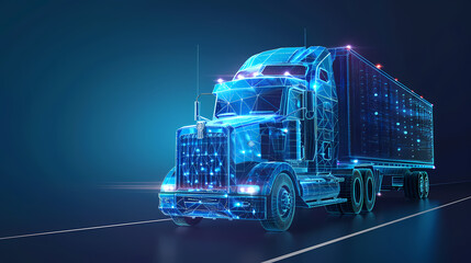 Tractor truck. Abstract vector 3d heavy lorry van. Highway road. Isolated on dark blue background. Transportation, logistics or international shipping concept.