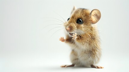 A cute little mouse, sitting on its hind legs with one paw in the air as if it were holding something or playing with someone. The background is white and the mouse has brown fur.