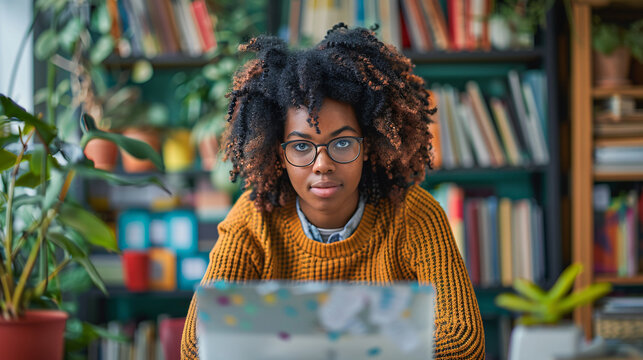 Woman teaching a virtual homeschool class, with a webcam and educational materials