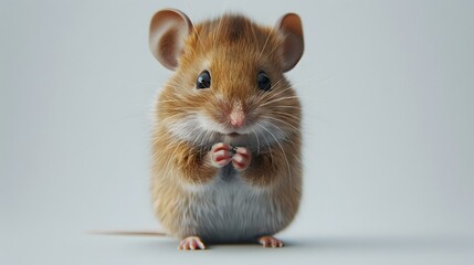 A cute little mouse, sitting on its hind legs with one paw in the air as if it were holding something or playing with someone. The background is white and the mouse has brown fur.