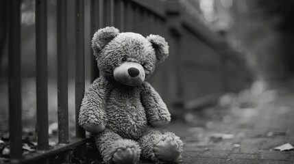 On a dreary day at the playground a forlorn black and white teddy bear sits beside a metal fence its lonely and sorrowful expression mirroring its solitude Abandoned in the park this lost to