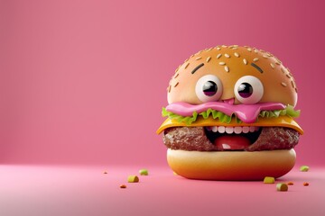 3D illustration of a pink hamburger character with playful expression and sesame seed bun
