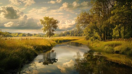 Fototapeta premium A peaceful natural scene showing a stream in a grassy field under a cloudy sky with trees and water mirroring the surroundings