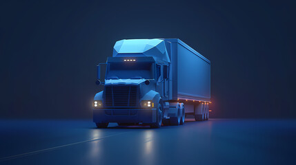 Tractor truck. Abstract vector 3d heavy lorry van. Highway road. Isolated on dark blue background. Transportation, logistics or international shipping concept.