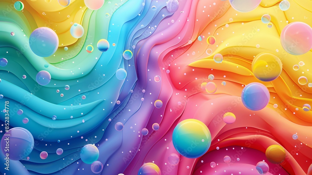 Wall mural abstract and festive poster design with a rainbow and colorful bubbles