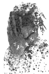 A balck and white male portrait in a 3D block pattern double exposure