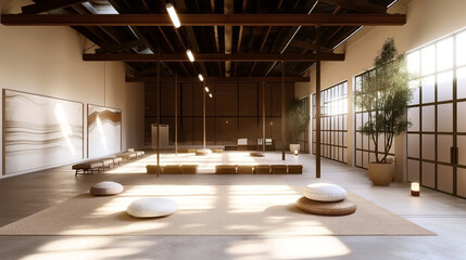Fototapeta premium Spacious, minimalist indoor space with natural light, large windows, floor cushions, benches, indoor plants, and modern decor.