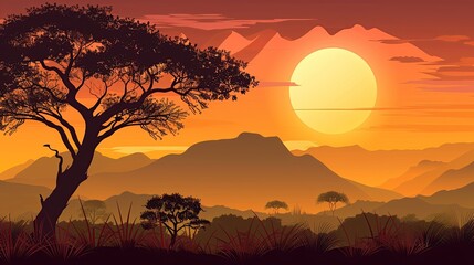 Silhouette of natural scenery with trees, mountains, and grass at a beautiful sunset.