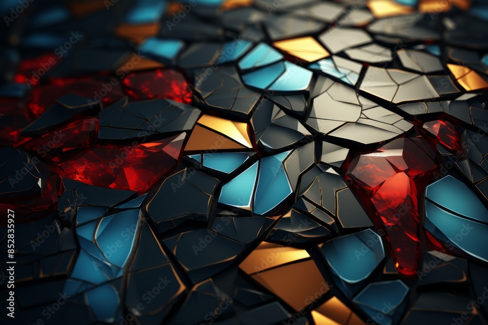 Sticker abstract shattered glass background with red blue and gold colors