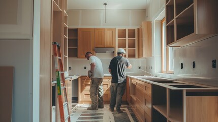 Two construction workers installing cabinets in a kitchen renovation project with wooden cabinets, ladder, and various tools.