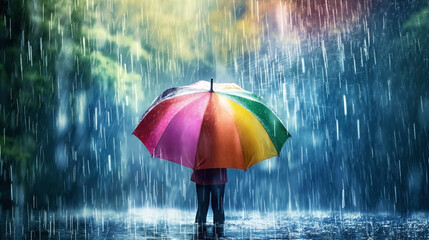 Person holding a colorful umbrella in heavy rain, standing outdoors with blurred green background, creating a vibrant and lively scene.