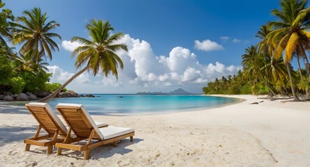 chairs and palm tree at the beach with blue sky