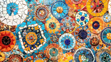 Colorful mosaic wall featuring intricate patterns and vibrant designs