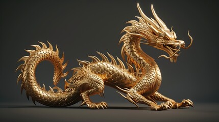 Fototapeta premium golden Chinese dragon sculpture in 3D rendering, isolated on black background.