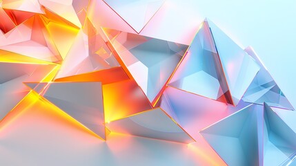 Modern abstract geometric composition with illuminated triangular shapes in orange and blue hues, ideal for backgrounds and designs.