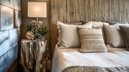 Cozy bedroom with a rustic nightstand, woven beige pillows, warm lighting from a lamp, and natural decor elements like a wooden stump and greenery.
