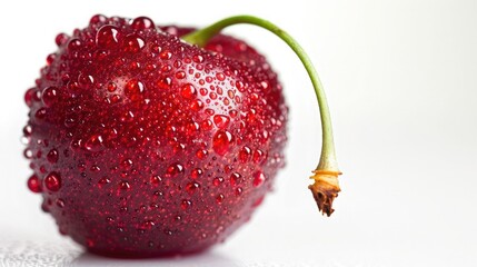 Cherry with water drops on the surface and visible stem and core on a white background. The scene includes the appearance of a cherry, focusing on the texture of the skin and juice around it.