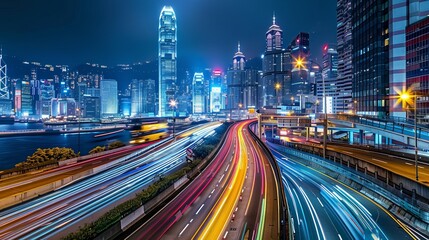 Fototapeta premium A city at night with a highway in the middle