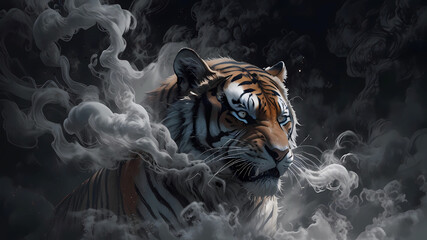 Big tiger surrounded by smoke
