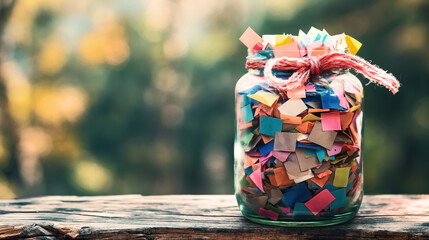 A glass jar filled with colorful paper pieces tied with a red string on a wooden surface against a blurred outdoor background.