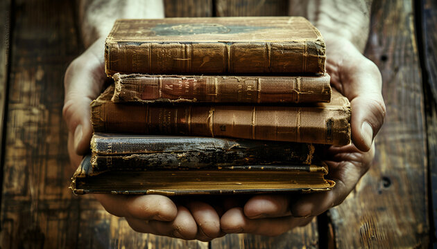 Hands holding stack of vintage old books. Concept of self-education, self-development