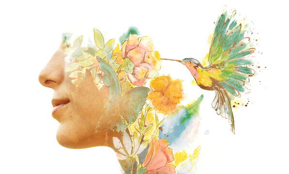 An abstract disappearing paintography profile portrait of a woman