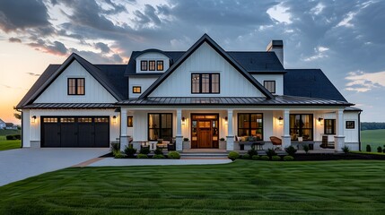 An elegant farmhouse style home with white and black exterior color combination, featuring large windows, a porch with dark wood accents, lush green grass in the yard under a cloudy sky at dusk.