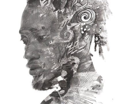 A black and white abstract art paintography portrait of a thoughtful man