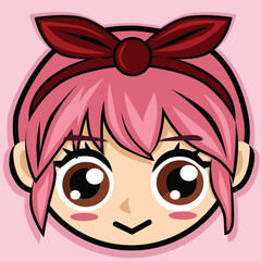 Cute cartoon girl face vector with pink shadow. Pink hair tied with a red bow. Logo face on isolated pink background. Vector or Illustration.