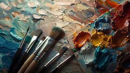 Fototapeta premium A close-up of artist brushes and a palette with vibrant paints, showcasing creativity and the process of painting. Ideal for artistic themes.